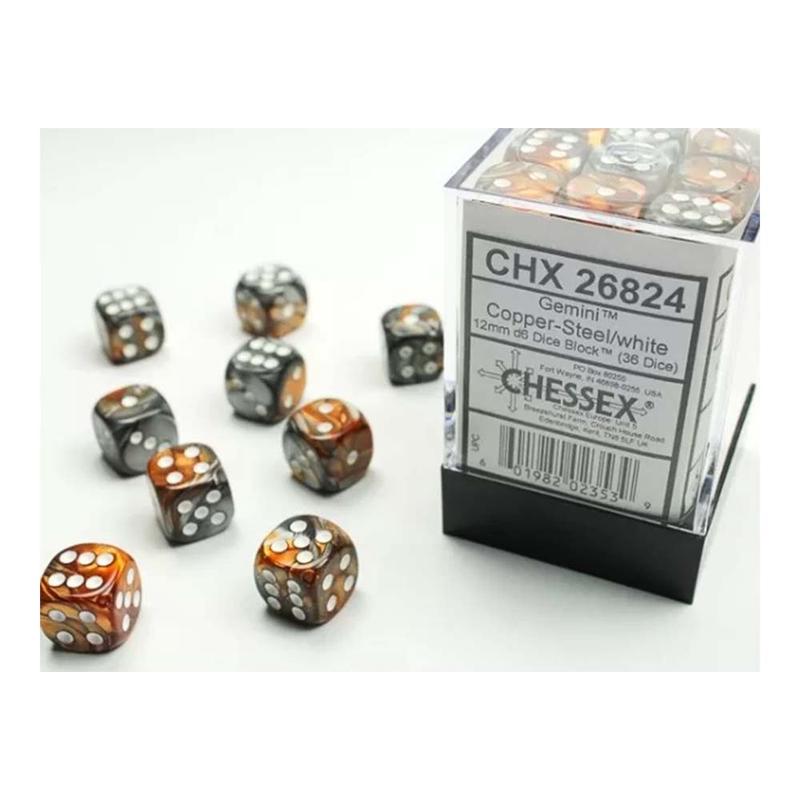 Chessex 26824 Chessex-Gemini 12mm d6(36 Dice) Copper-Steel/white
