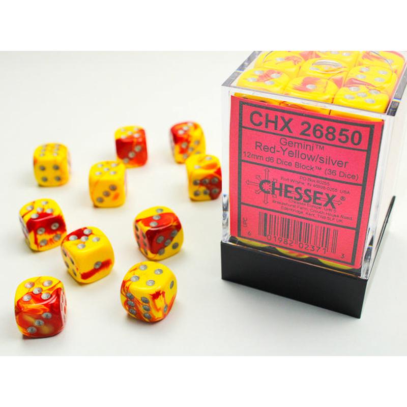 Chessex 26850 Gemini 12mm d6 Red-Yellow/silver Dice Block (36 dice)