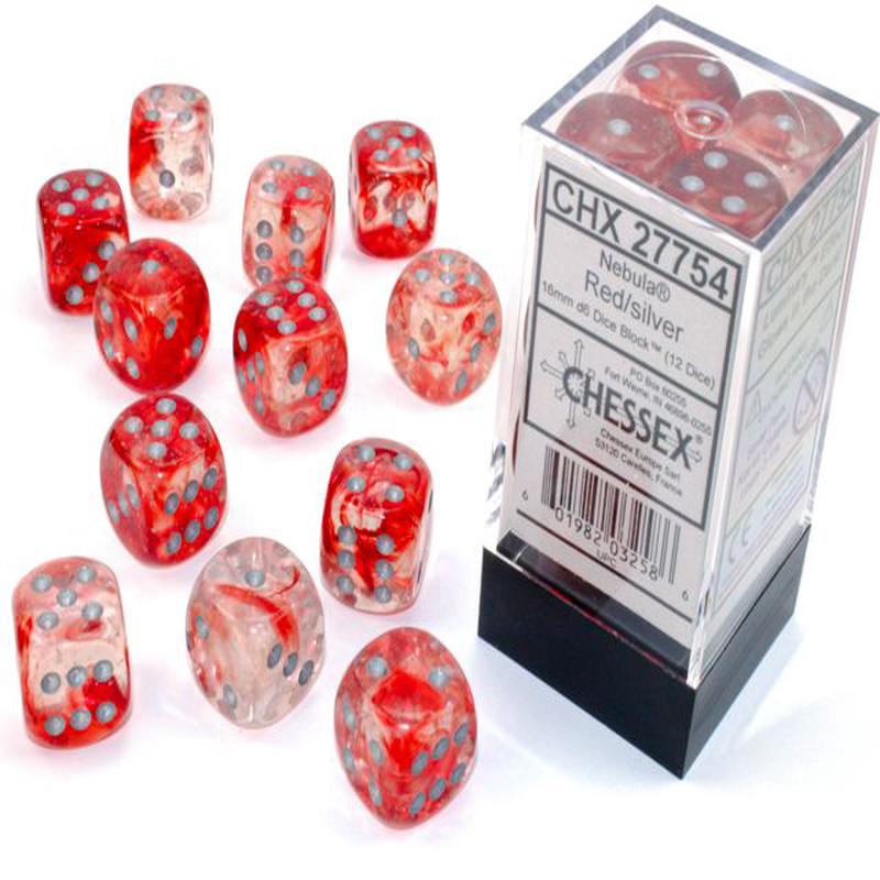 Chessex 27754 Nebula 16mm d6 Red/silver Luminary Dice Block (12 dice)