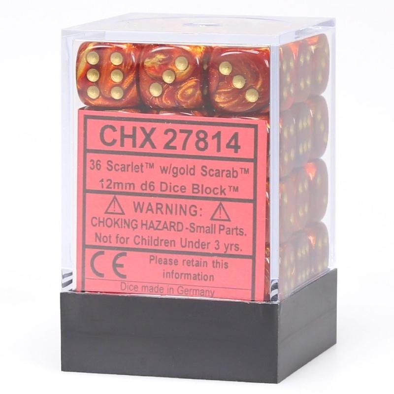 Chessex 27814 Scarab 12mm d6 Scarlet/gold Dice Block (36 dice)