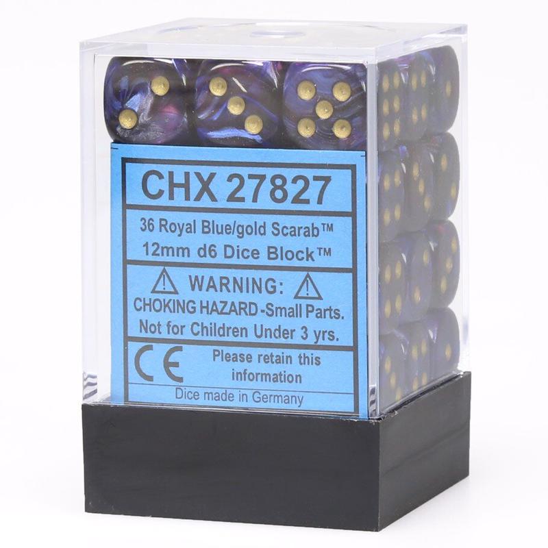 Chessex 27827 Scarab 12mm d6 Royal Blue/gold Dice Block (36 dice)