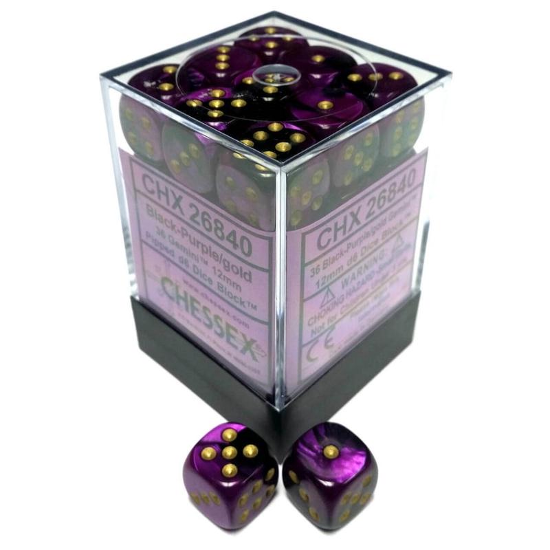 Chessex 26840 Gemini 12mm d6 Black-Purple/gold Dice Block (36 dice)