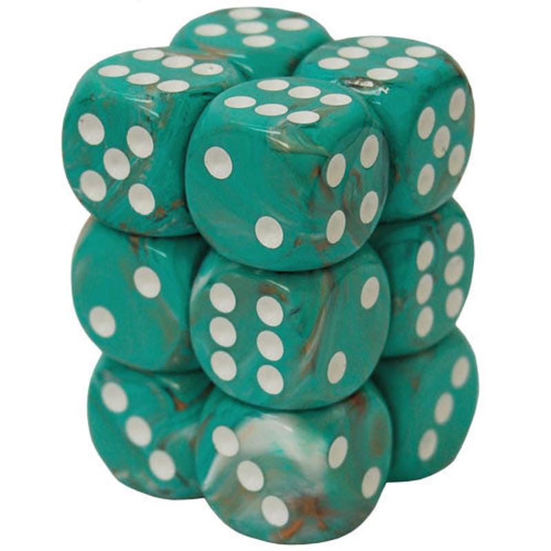 Chessex 27603 Marble 16mm d6 Oxi-Copper/white Dice Block (12 dice)