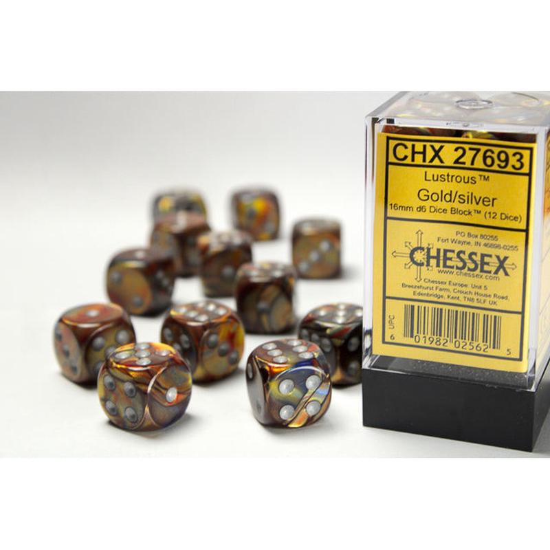 Chessex 27693 Lustrous 16mm d6 Gold/silver Dice Block (12 dice)