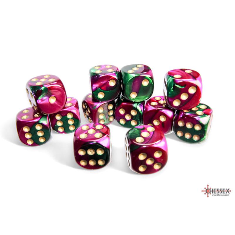 Chessex 26634 Gemini 16mm d6 Green-Purple/gold Dice Block (12 dice)