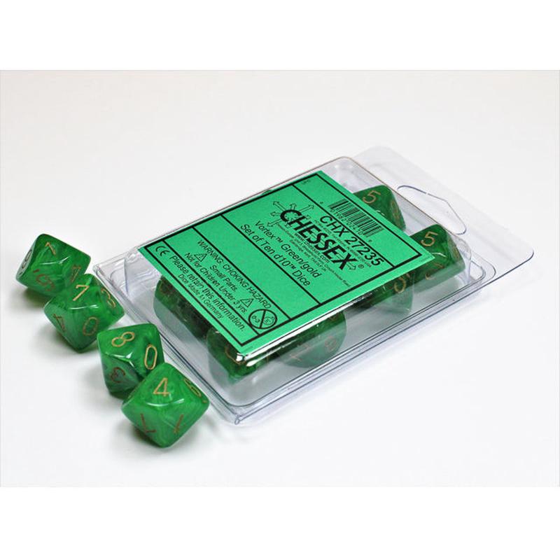 Chessex 27235 Vortex Green/gold Set of Ten d10s