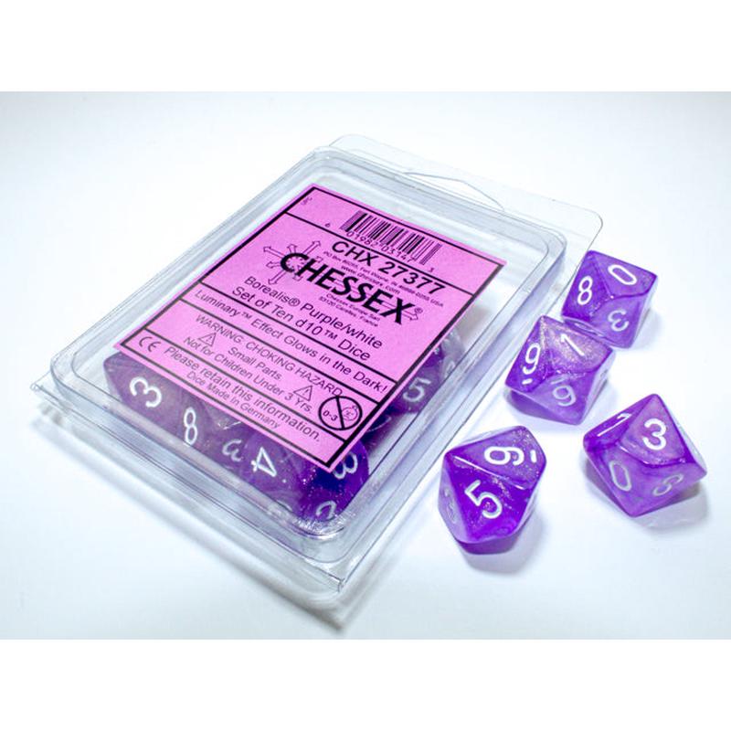 Chessex 27377 Borealis Purple/white Luminary Set of Ten d10s