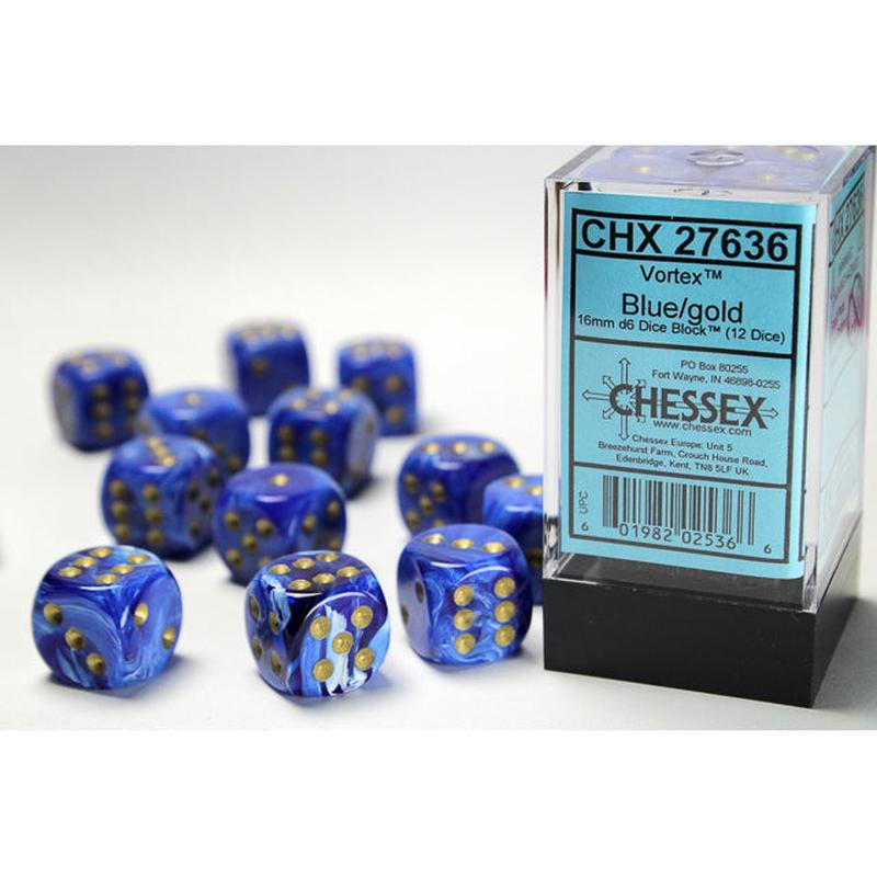 Chessex 27636 Vortex 16mm d6 Blue/gold Dice Block (12 dice)