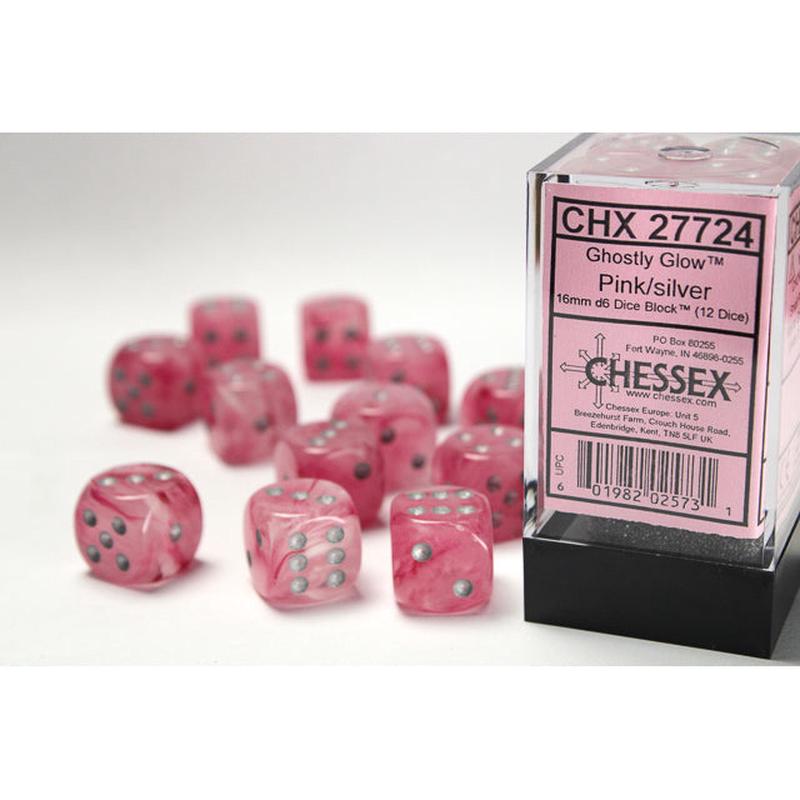 Chessex 27724 Ghostly Glow 16mm d6 Pink/silver Dice Block (12 dice)