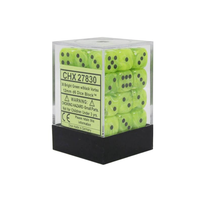 Chessex 27830 Vortex 12mm d6 Bright Green/black Dice Block (36 dice)