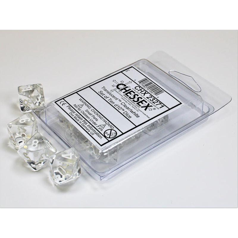 Chessex 23271 Translucent Clear/white Set of Ten d10s