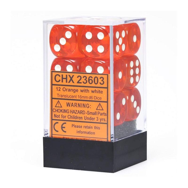 Chessex 23603 Translucent 16mm d6 Orange/white Dice Block (12 dice)