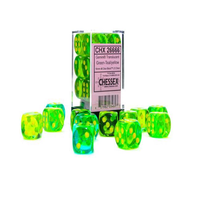 Chessex 26666 Gemini 16mm d6 Translucent Green-Teal/yellow Dice Block