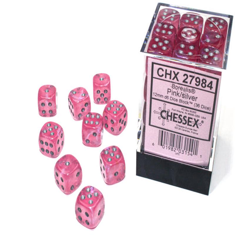 Chessex 27984 Borealis 12mm d6 Pink/silver Luminary Dice Block (36 dice)