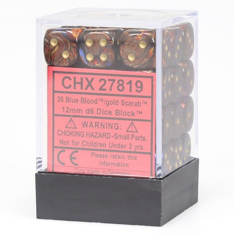 Chessex 27819 Scarab 12mm d6 Blue Blood/gold Dice Block (36 dice)