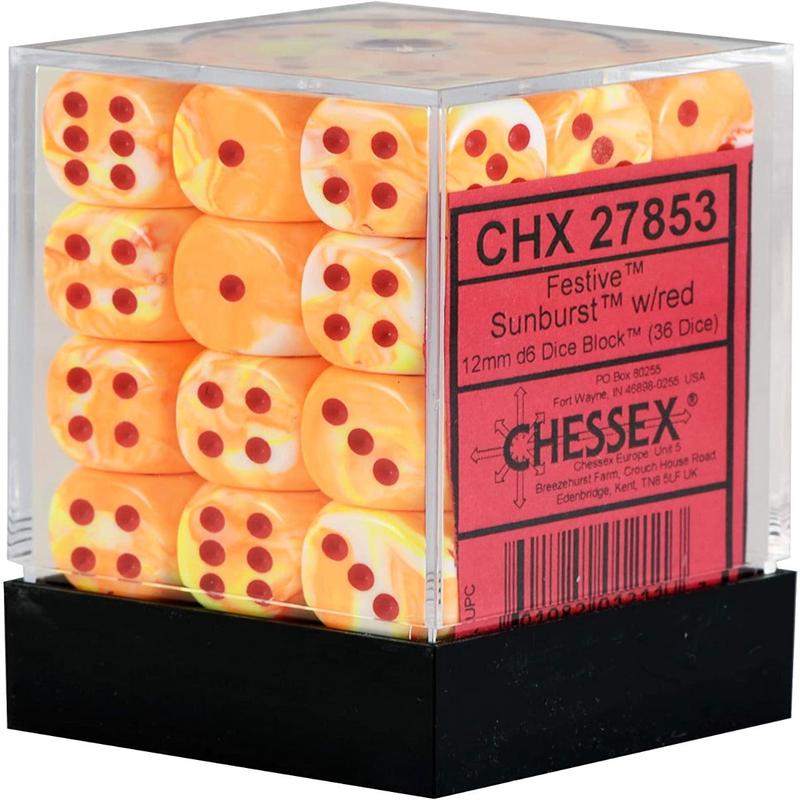 Chessex 27853 Festive 12mm d6 Sunburst/red Dice Block (36 dice)