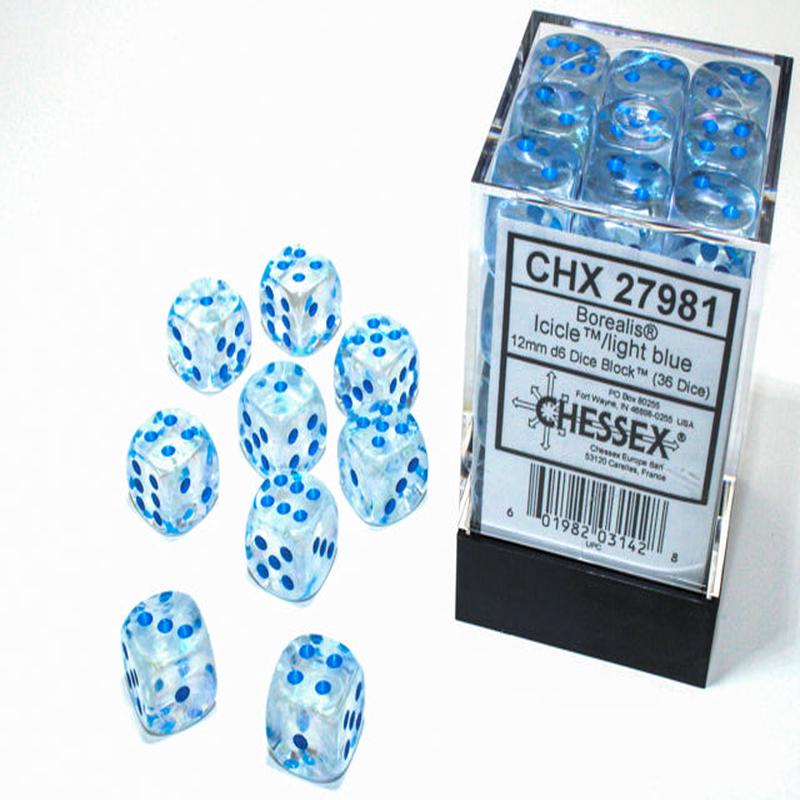 Chessex 27981 Borealis 12mm d6 Icicle/light blue Luminary Dice Block (36 dice)
