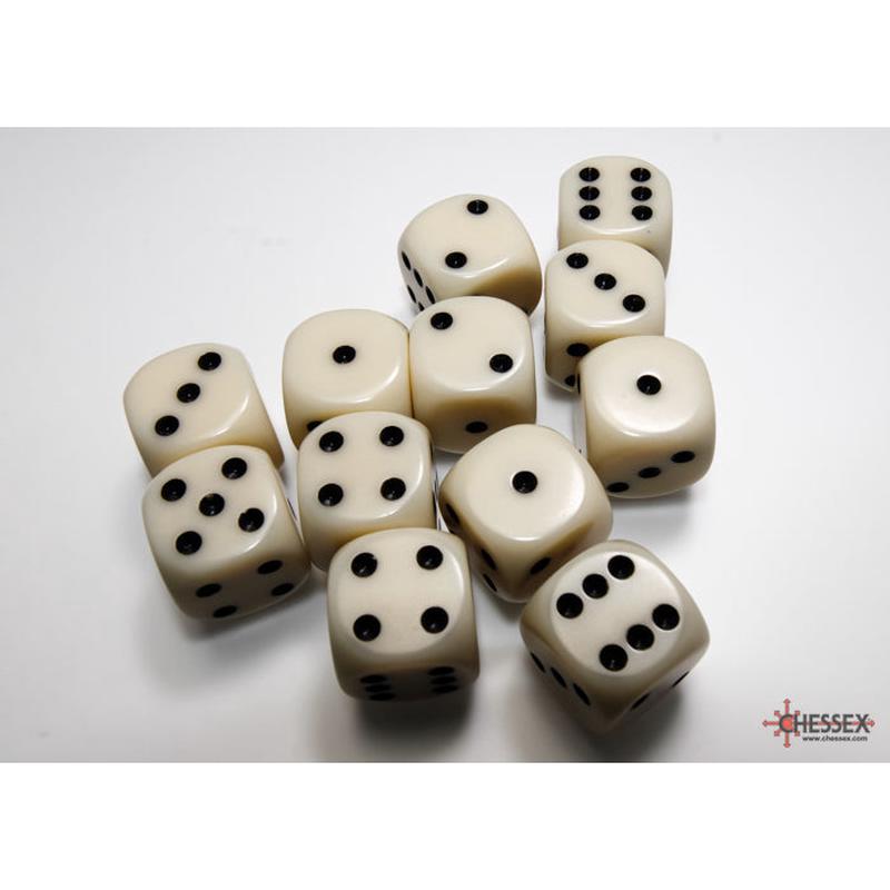 Chessex 25600 Opaque 16mm d6 Ivory/black Dice Block (12 dice)
