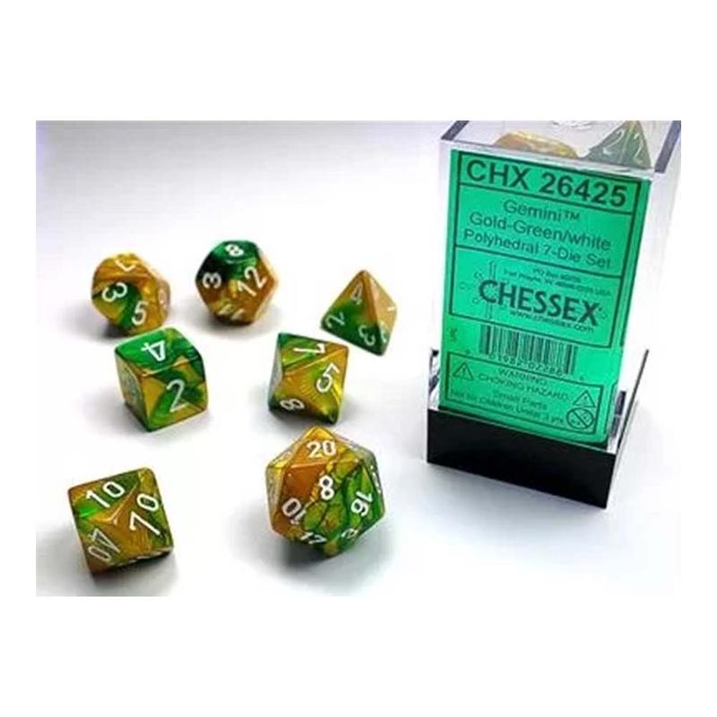 Chessex 26425 Gemini Polyhedral Dice Set Gold Green Wh