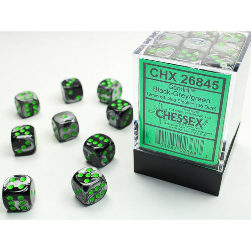 Chessex 26845 Gemini 12mm d6 Black-Grey/green Dice Block (36 dice)