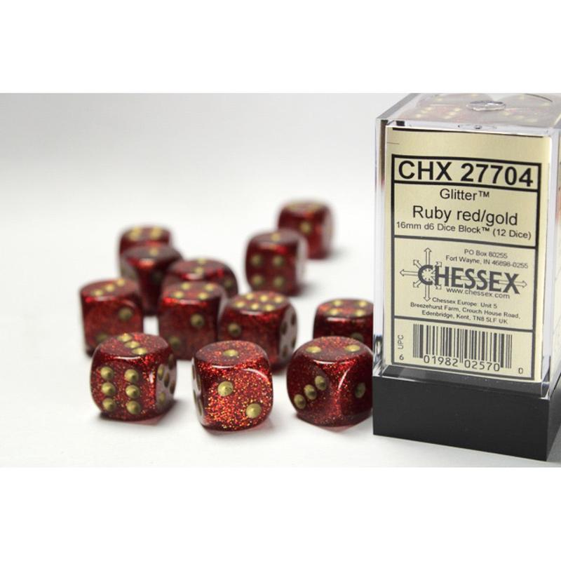 Chessex 27704 Signature 16mm d6 (12 Dice) Glitter Ruby