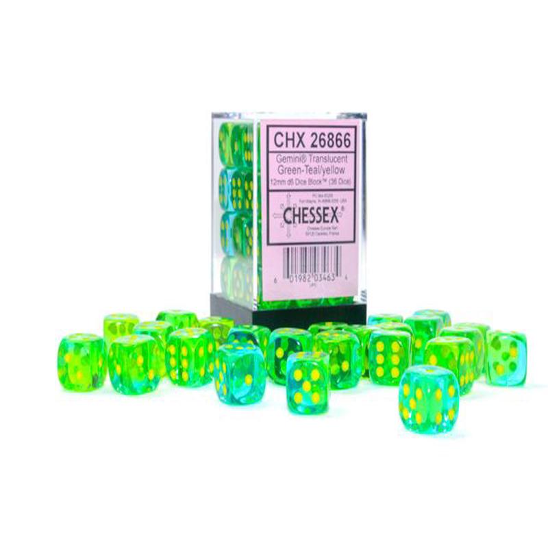 Chessex 26866 Gemini 12mm d6 Translucent Green-Teal/yellow Dice Block