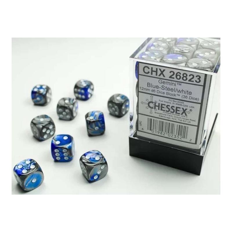 Chessex 26823 Gemini 12mm d6(36 Dice) Blue-Steel/white