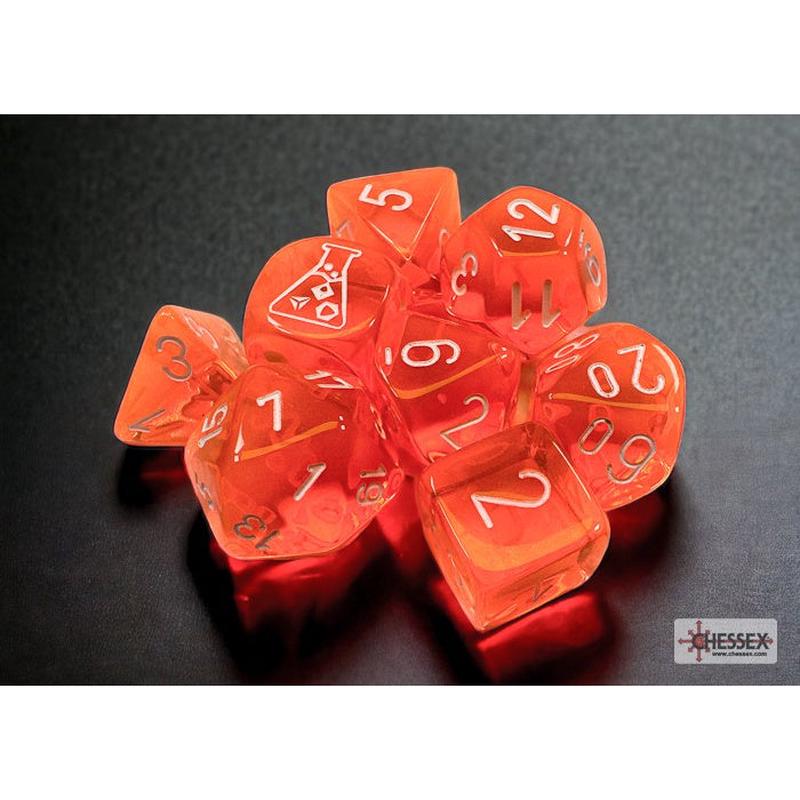 Chessex 30060 Translucent Polyhedral Neon Orange/white 7-Die Set (with bonus die)