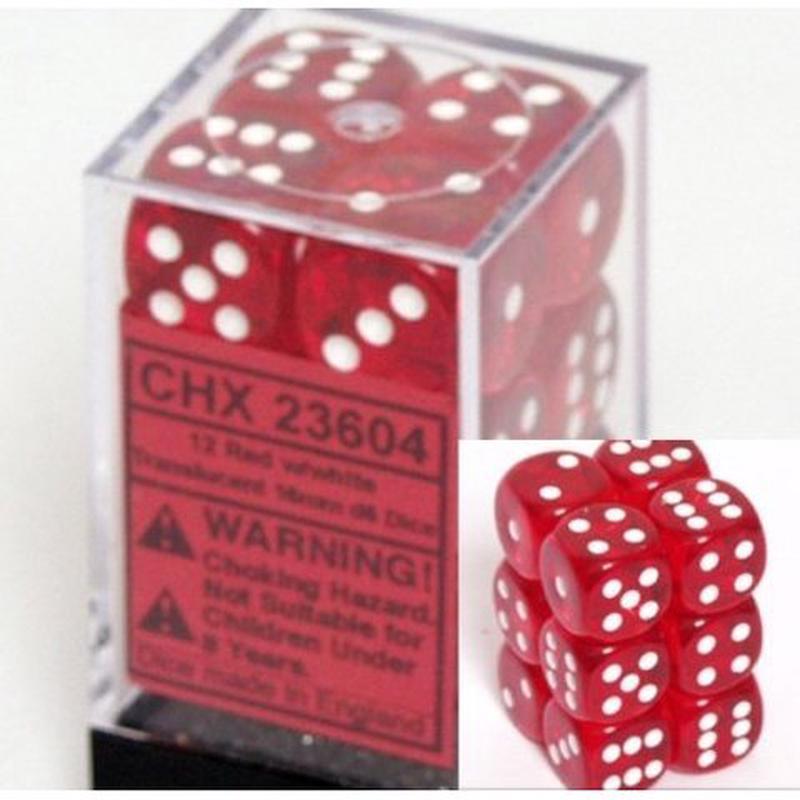 Chessex 23604 Translucent 16mm d6 Red/white Dice Block (12 dice)