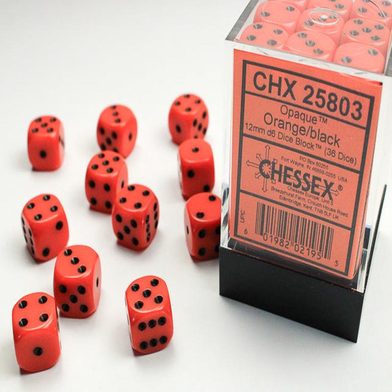 Chessex 25803 Opaque 12mm d6 (36 Dice) Orange/black