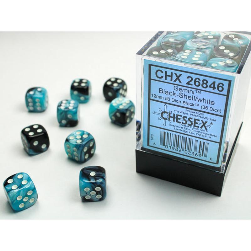 Chessex 26846 Gemini 12mm d6 Black-Shell/white Dice Block (36 dice)
