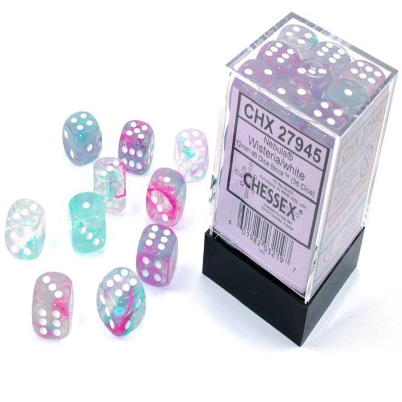 Chessex 27945 Nebula 12mm d6 Wisteria/white Luminary Dice Block (36 dice)