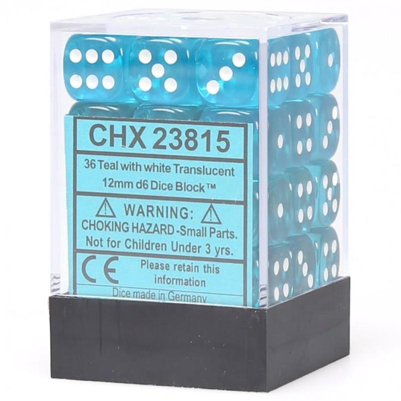 Chessex 23815 Translucent 12mm d6 Teal/white Dice Block (36 dice)