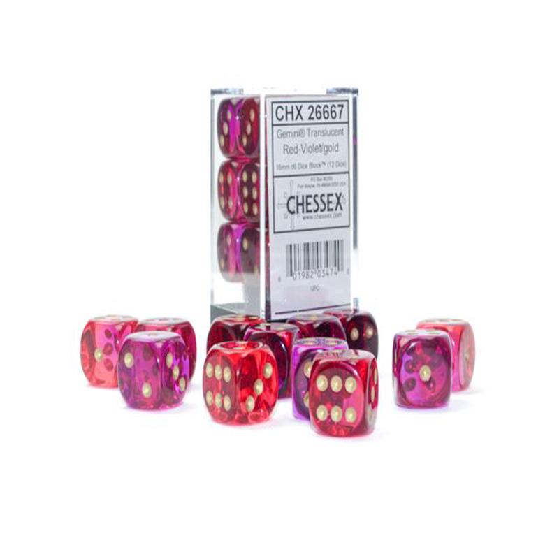 Chessex 26667 Gemini 16mm d6 Translucent Red-Violet/gold Dice Block