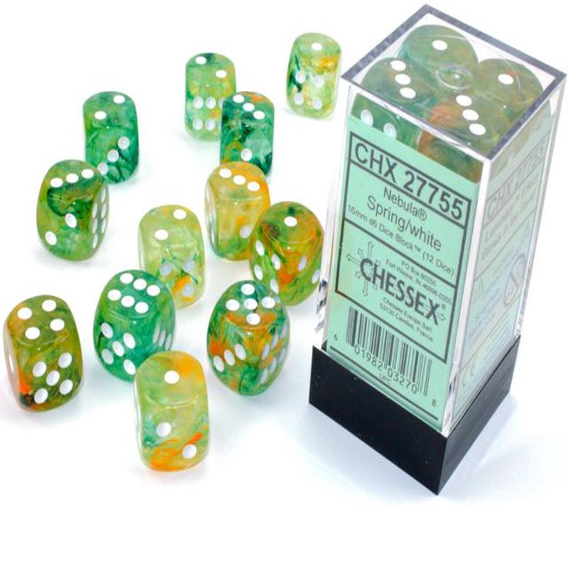 Chessex 27755 Nebula 16mm d6 Spring/white Luminary Dice Block (12 dice)
