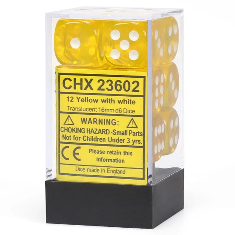 Chessex 23602 Translucent 16mm d6 Yellow/white Dice Block (12 dice)