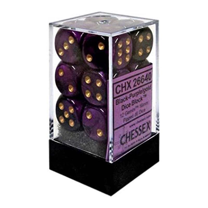 Chessex 26640 Gemini 16mm d6 (12 dice) Black-Purple/gold