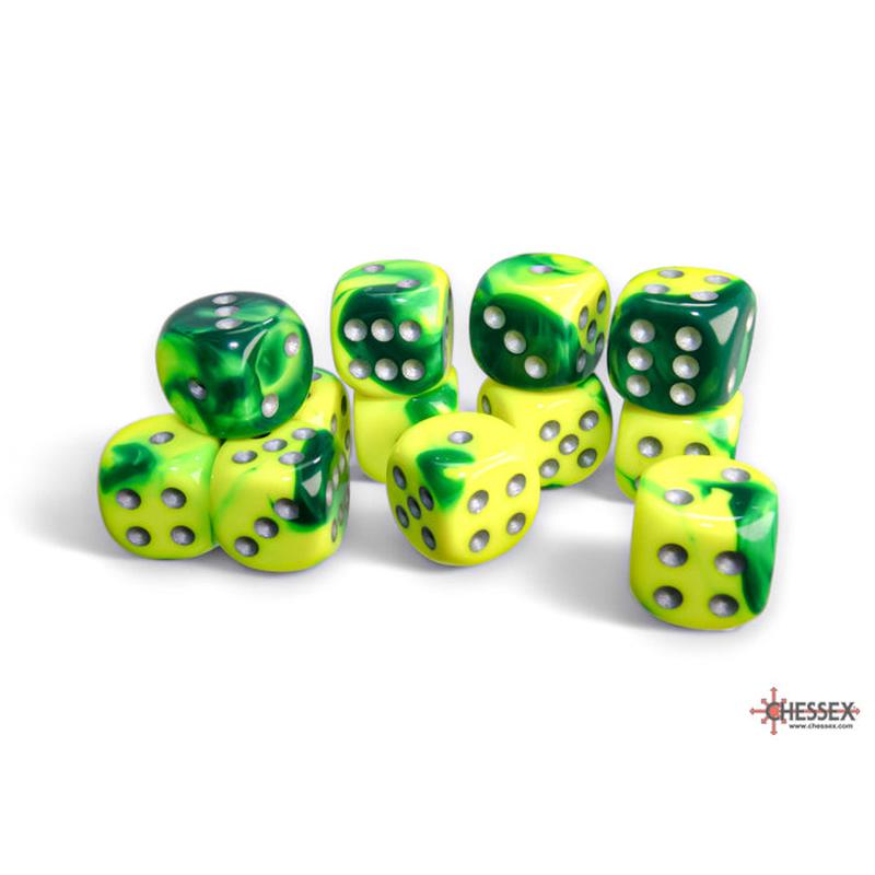Chessex 26654 Gemini 16mm d6 Green-Yellow/silver Dice Block (12 dice)
