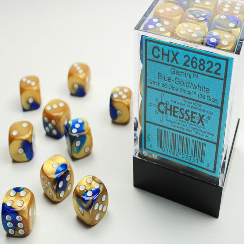 Chessex 26822 Gemini 12mm d6 (36 Dice) Blue-Gold/white