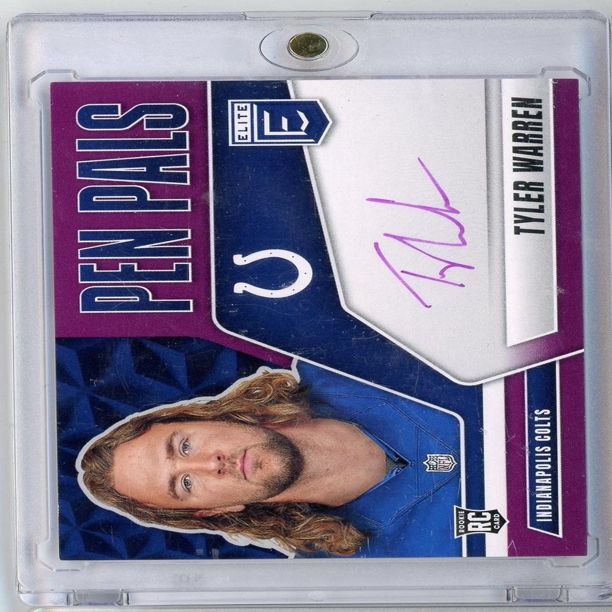 2025 Donruss Elite Pen Pals Purple Tyler Warren #PPTWA Purple Auto Rookie RC Football Card