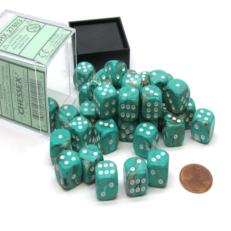 Chessex 27803 Marble 12mm d6 Oxi-Copper/white Dice Block (36 dice)