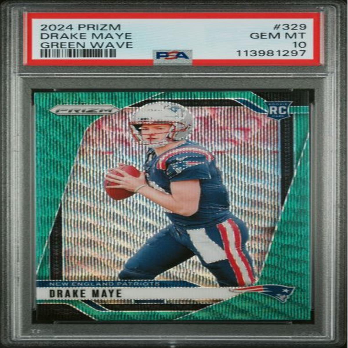 Graded 2024 Panini Prizm Drake Maye #329 Green Wave Rookie RC Football Card PSA 10 Gem Mint
