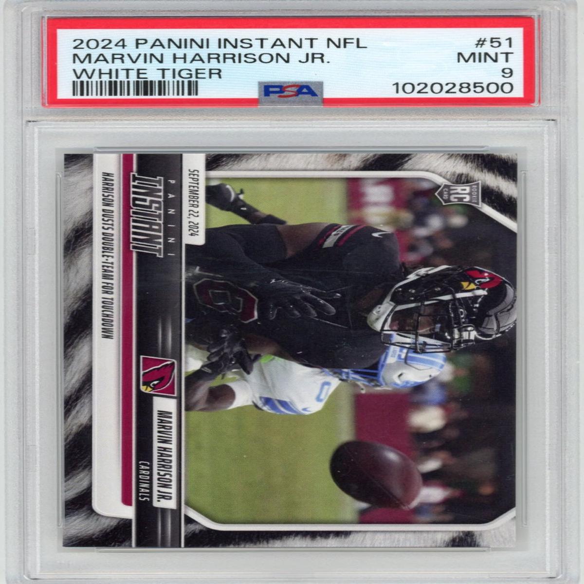 Graded 2024 Panini Instant NFL Marvin Harrison Jr #51 White Tiger #/5 Rookie RC Football Card PSA 9 Mint