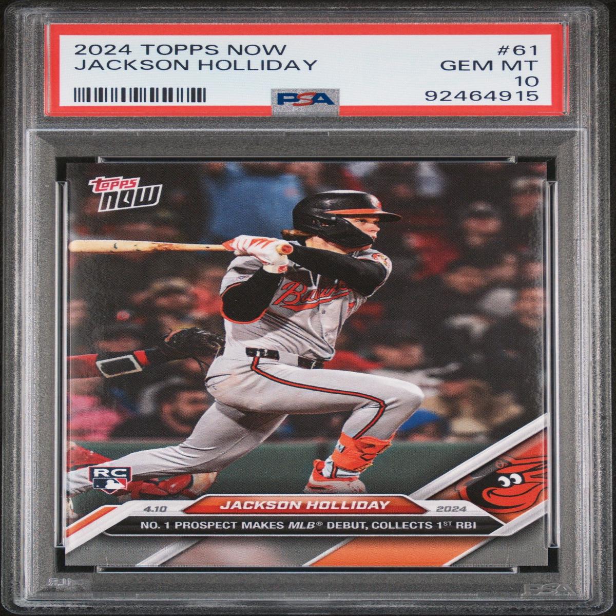Graded 2024 Topps Now Jackson Holliday #61 Number 1 Prospect Makes MLB Debut, Collects 1st RBI Rookie RC Baseball Card PSA 10 Gem Mint