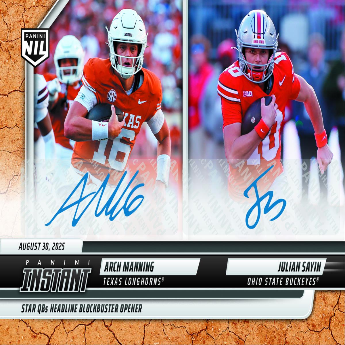 2025 Panini Instant Arch Manning/Julian Sayin #AMJSA Earth Auto /25 Rookie RC Football Card