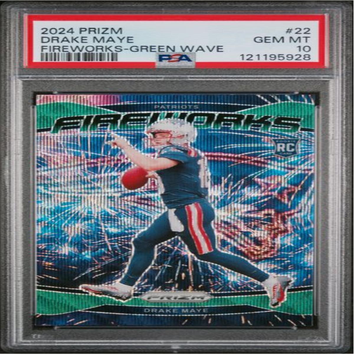 Graded 2024 Panini Prizm Drake Maye #22 Fireworks Green Wave Rookie RC Football Card PSA 10 Gem Mint