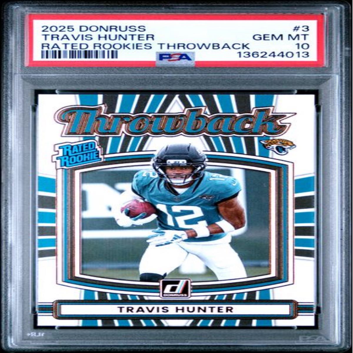 Graded 2025 Panini Donruss Travis Hunter #3 Rated Rookies Throwback Rookie RC Football Card PSA 10 Gem Mint