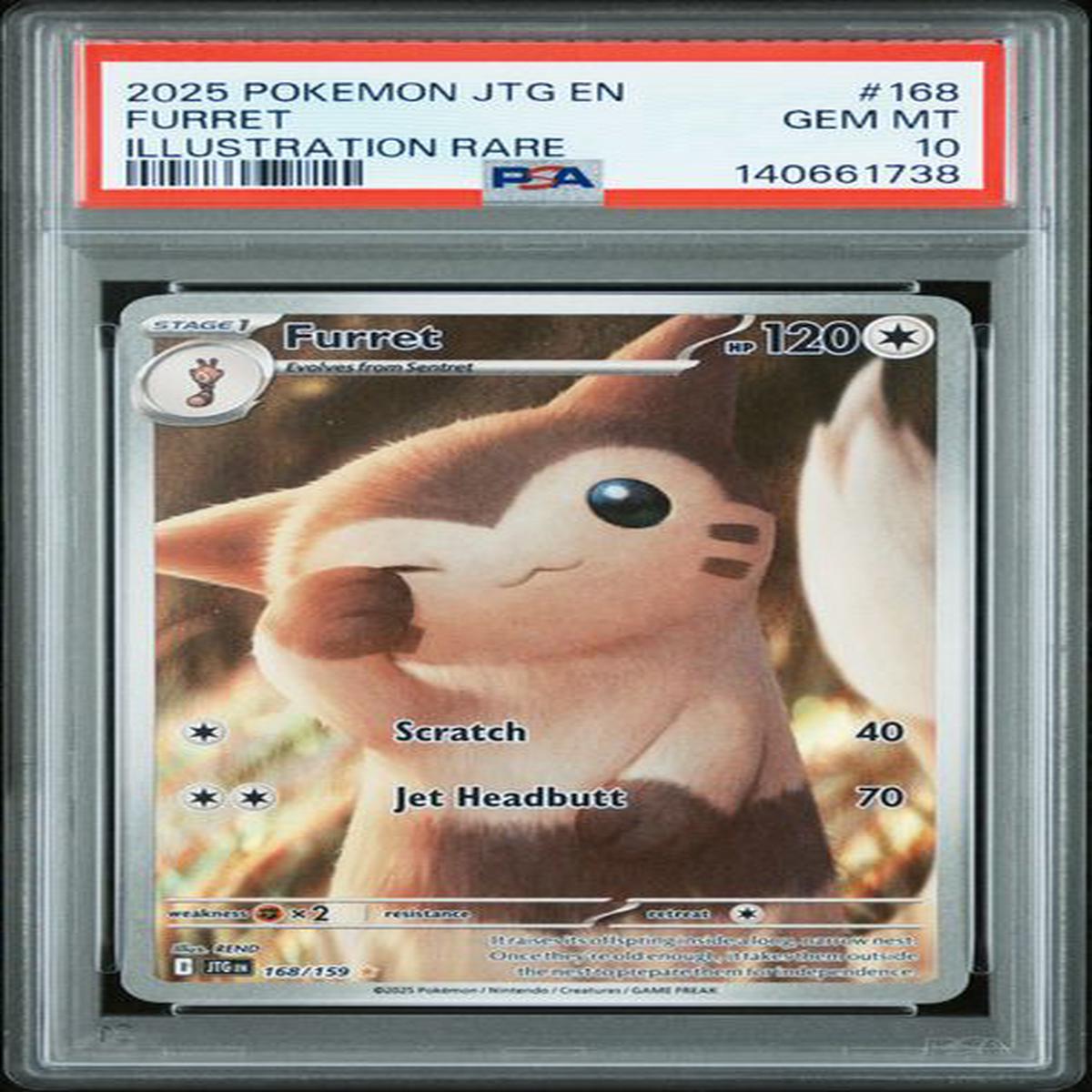 Graded 2025 PKM JTG EN Furret #168 Illustration Rare Trading Card Game PSA 10 Gem Mint