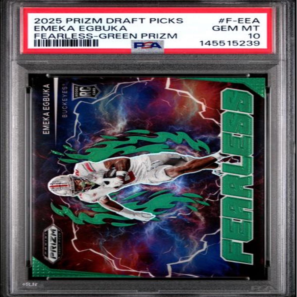 Graded 2025 Panini Prizm Draft Picks Emeka Egbuka #FEEA Fearless Green Prizm Rookie RC Football Card PSA 10 Gem Mint