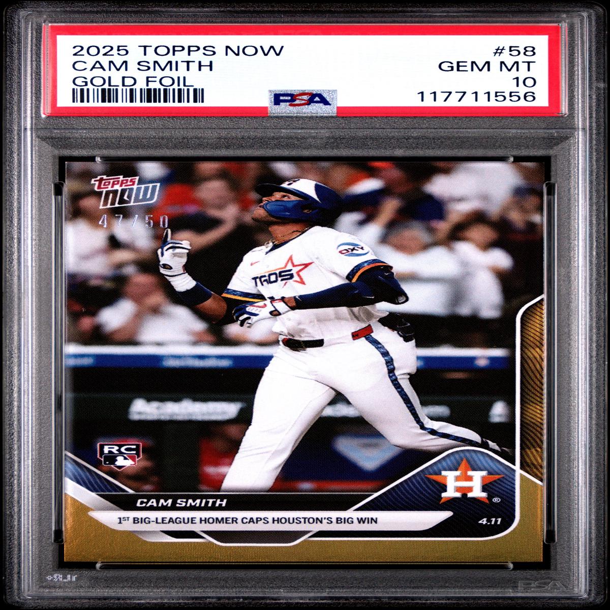Graded 2025 Topps Now Cam Smith #58 Gold Foil /50 Rookie RC Baseball Card PSA 10 Gem Mint